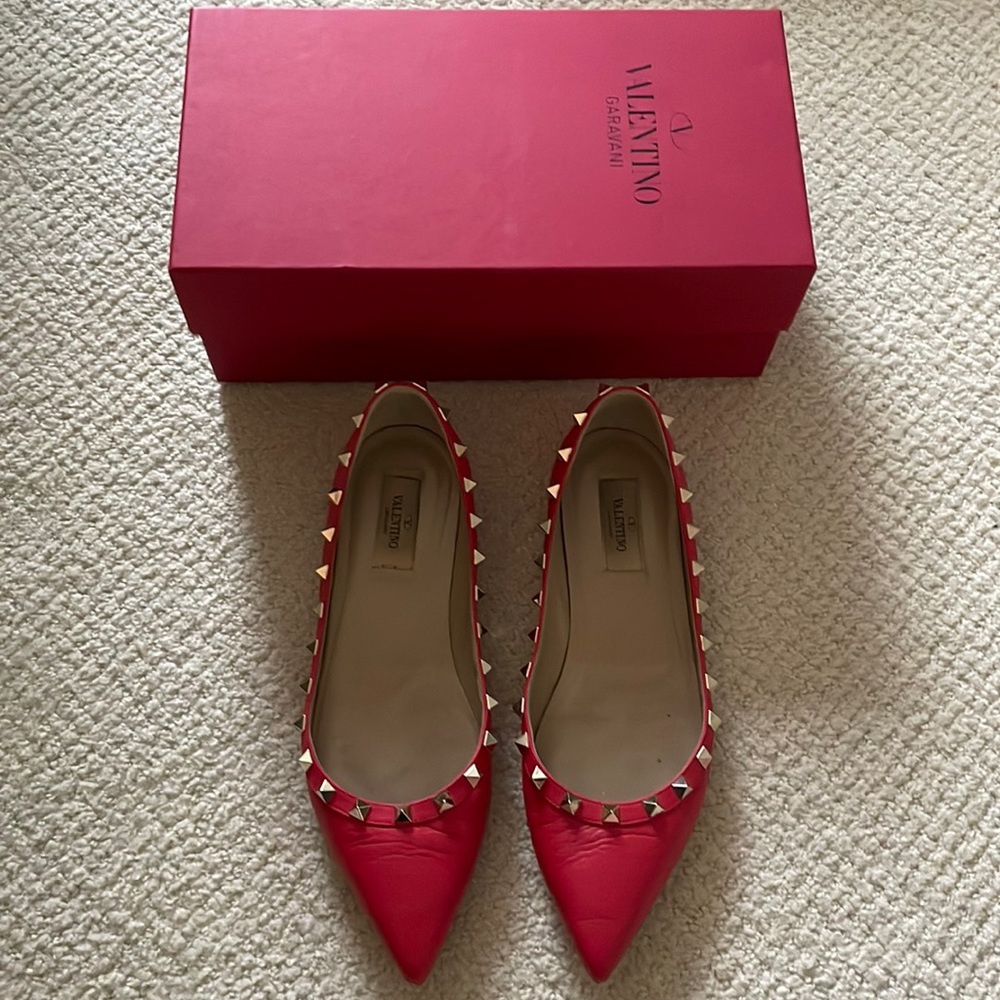 Valentino Rockstud Ballerina Flat, Red Pebbled Leather size 39